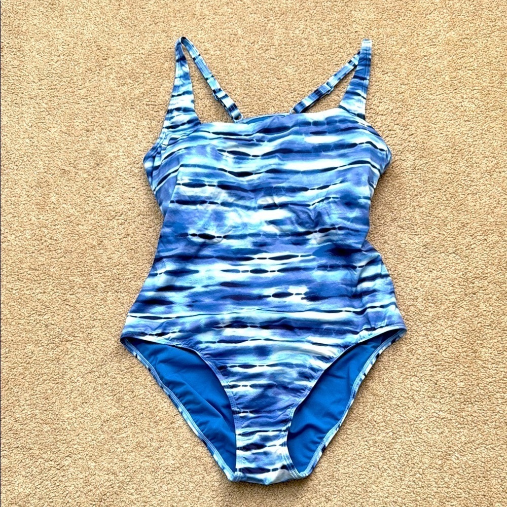 L.L. Bean Square Neck Cut Out Back Ocean Blue One Piece Swimsuit Size 16